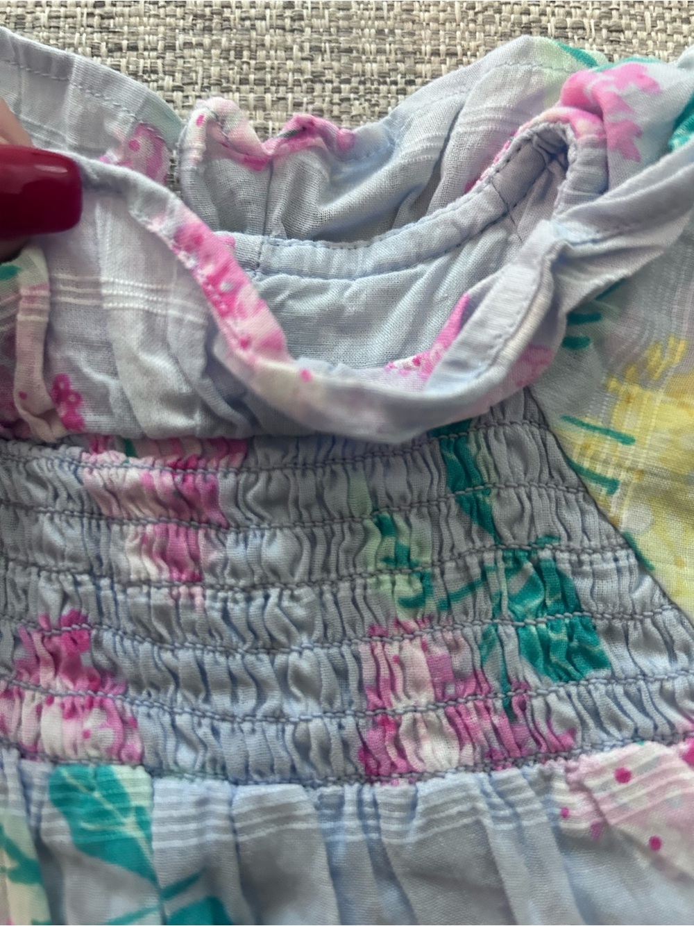 Janie and Jack Light Blue Smocked Floral Dress with Pink Accents. Size 3-6M - Picture 4 of 8